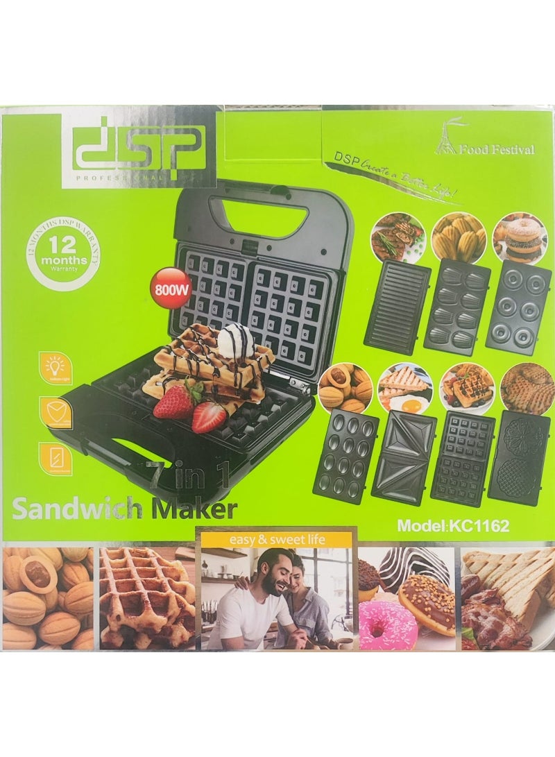 DSP 7-in-1 Waffle and Sandwich Maker, 800W, Removable Plates, Stainless Steel, Non-Stick Coating, DSP Model KC1162 - Image 1